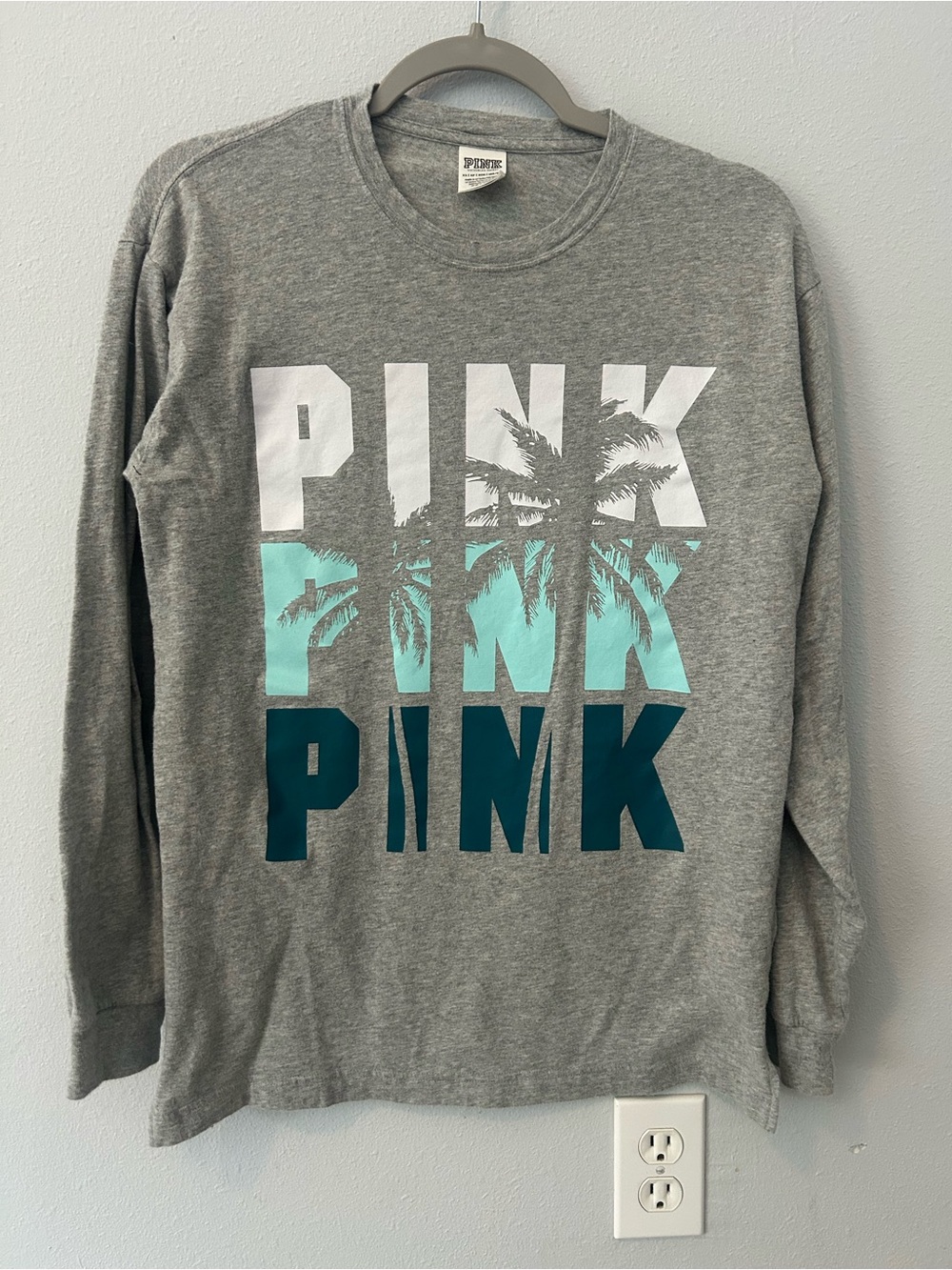 PINK Victoria's Secret Grey Long-Sleeve Tee with White and Teal Graphic